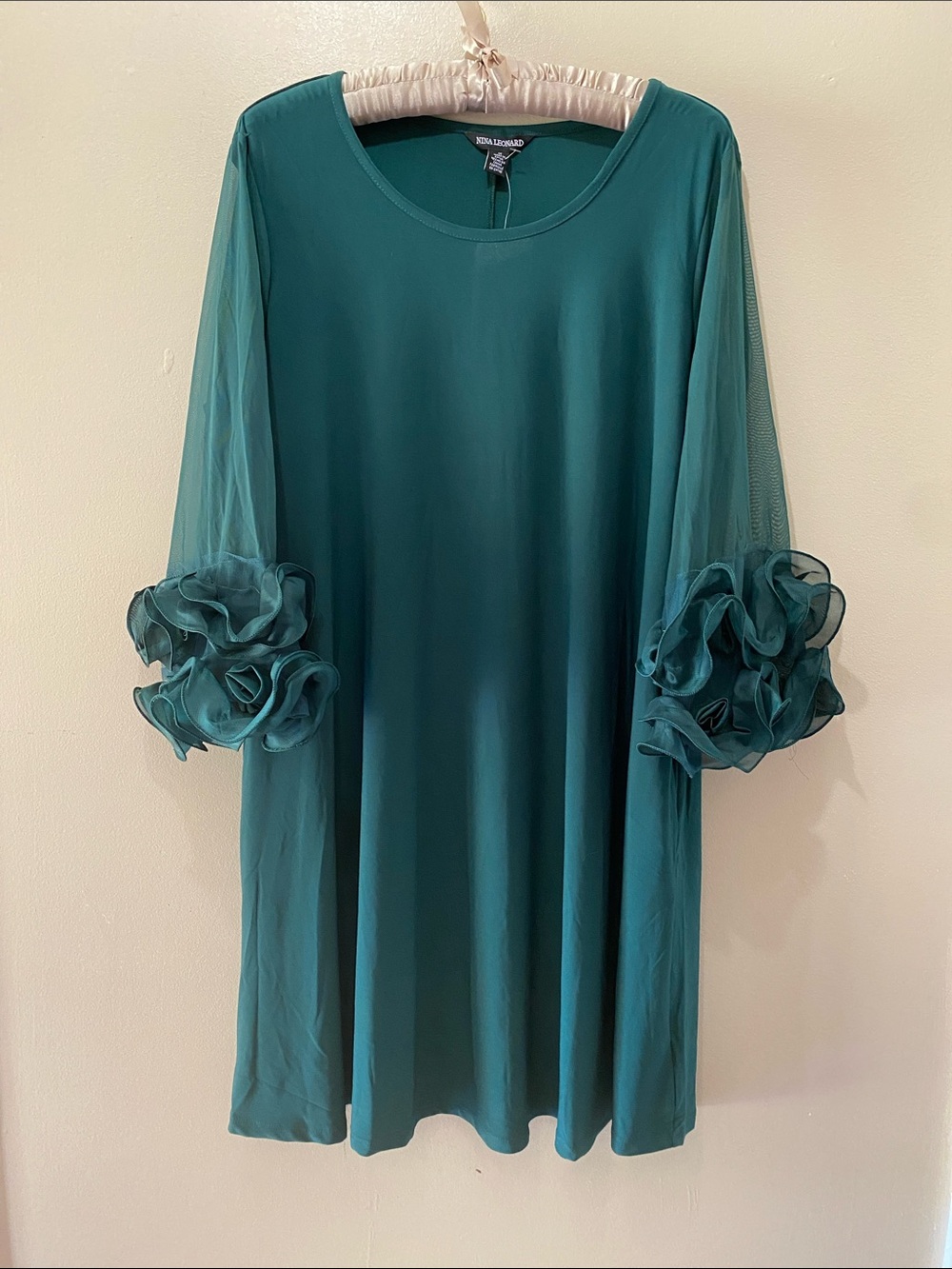 Nina Leonard Teal Long Sleeve Dress with Sheer Ruffle Cuffs 1XL NWT
